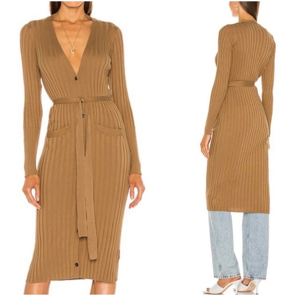 ATM Long Sweater Cardigan in Sahara Womens XS Silk Cotton Ribbed Button‎ Front